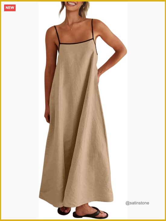 Dresses & Skirts - Linen Maxi Dress with Contrast Trim, Spaghetti Straps, Backless, Side Pockets